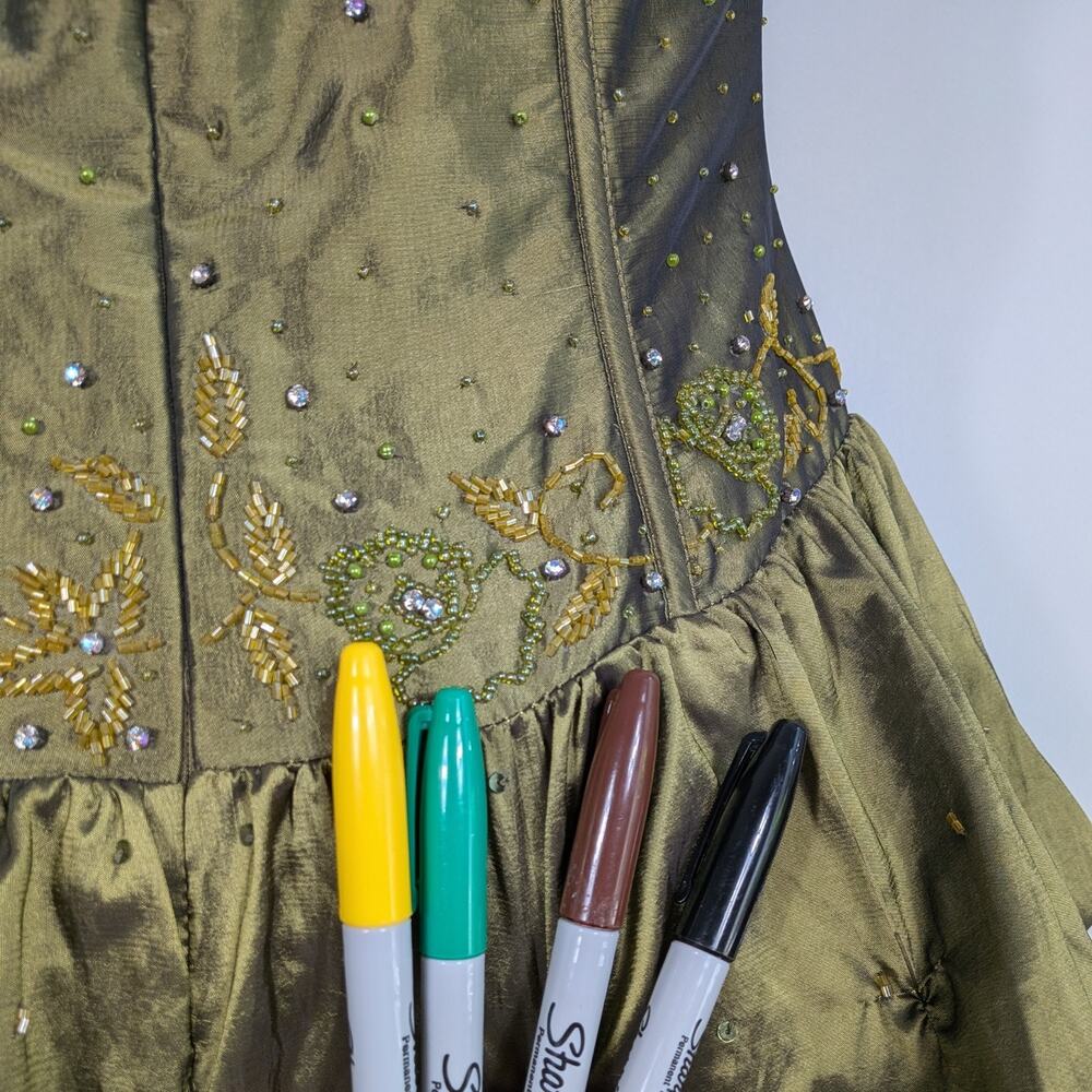 Vintage Prom Dress Maxi Gown 14 Olive Green Fairy Princess Goth Y2K Strapless - Picture 9 of 14